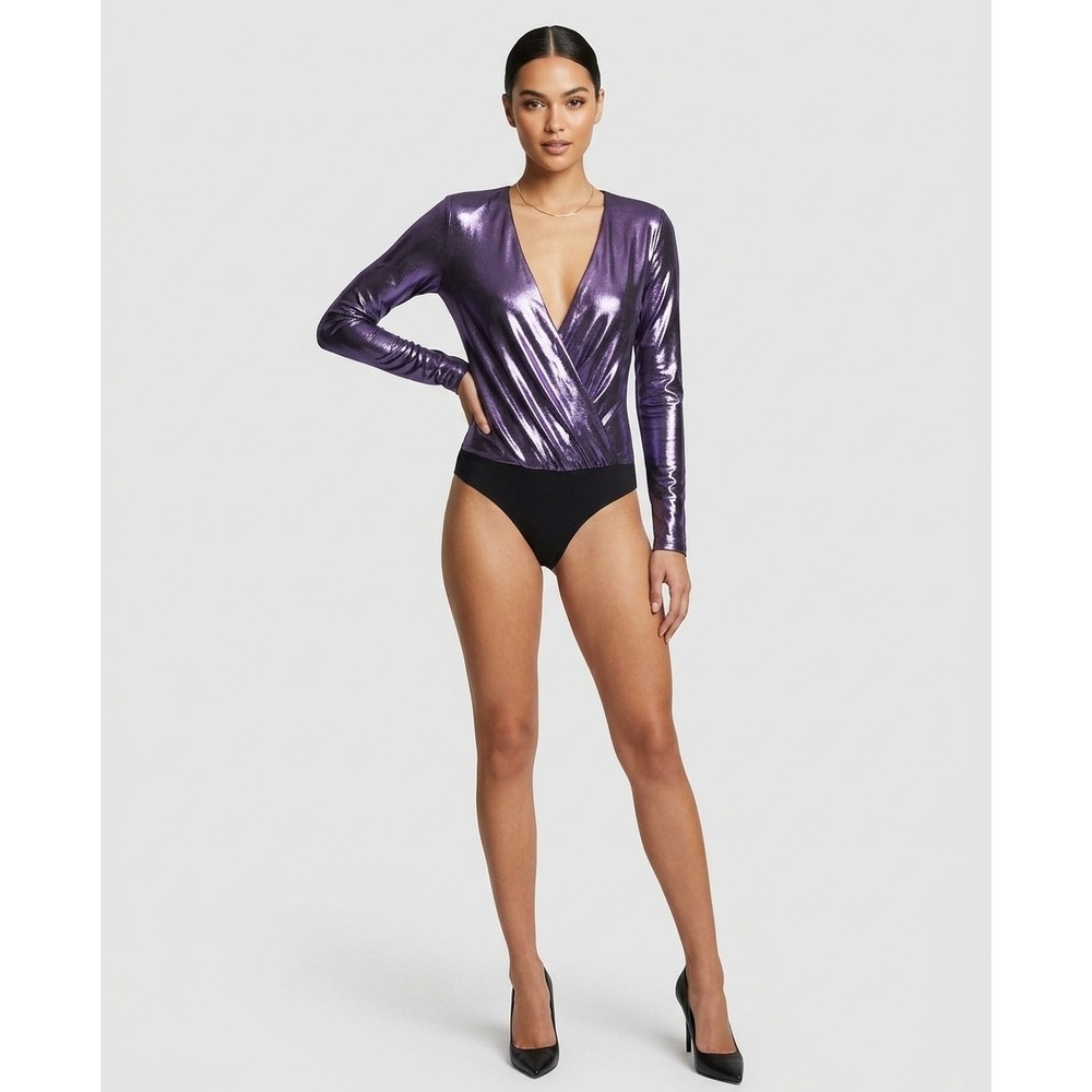 Bershka Special Edition Metallic Purple Long Sleeve Wrap Bodysuit XS